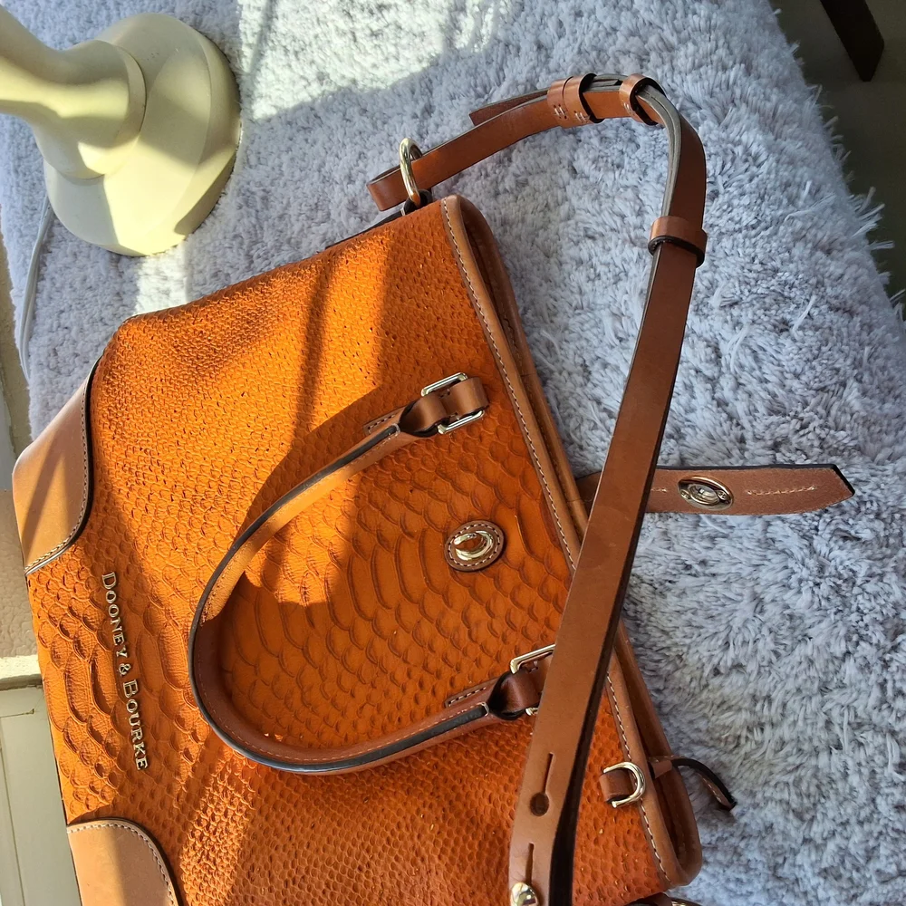 Dooney & Bourke Ostrich Orange and Brown Tote with Structured Design - Picture 10 of 14